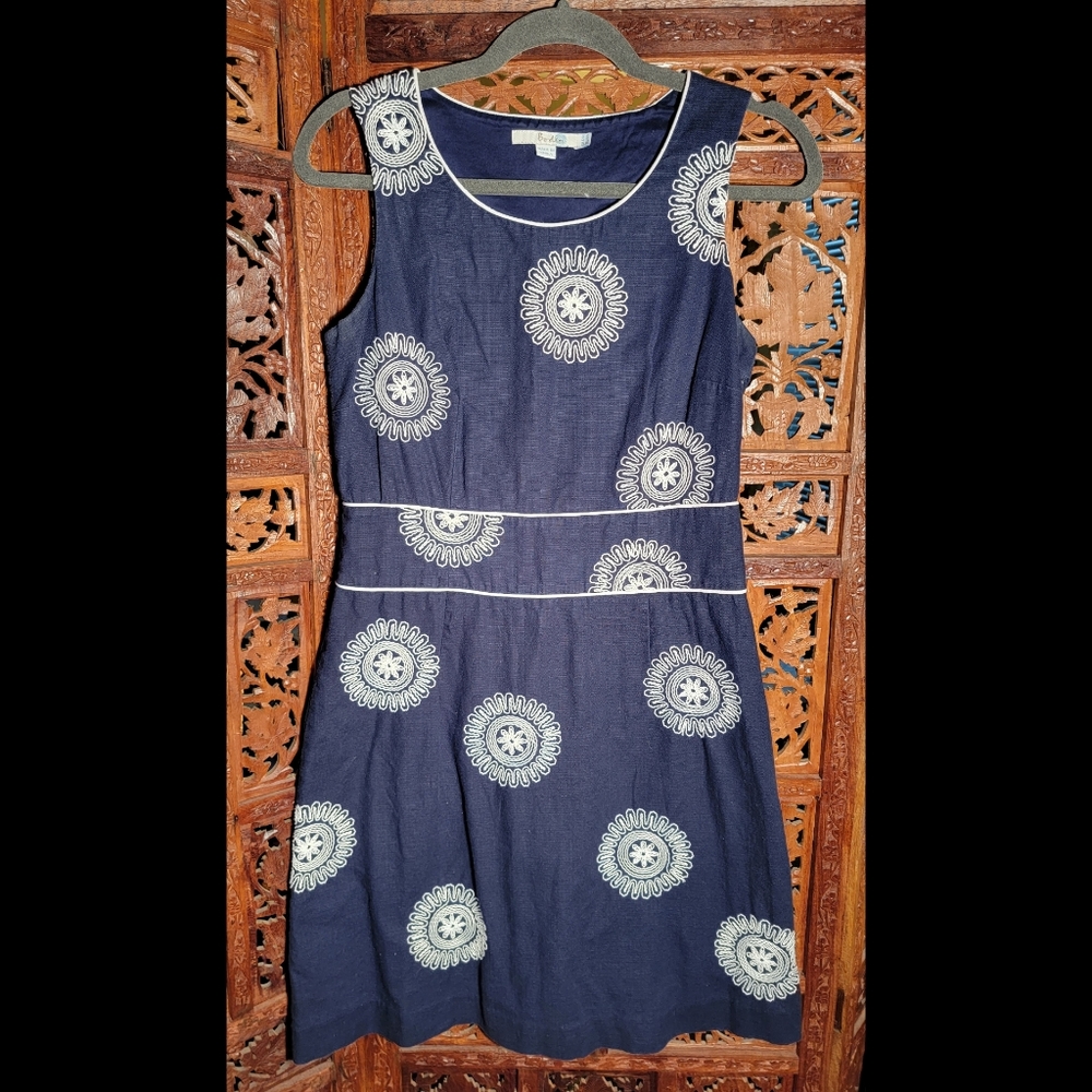 Boden Navy Blue and White Embroidered Sleeveless Dress, Size 8